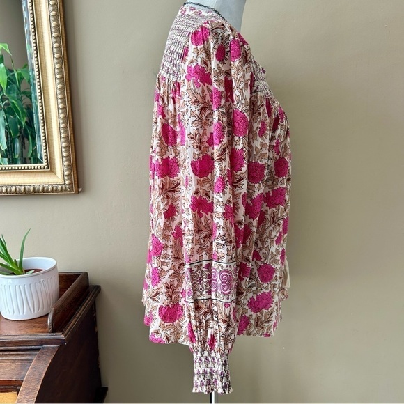 Rachel Zoe Pink Floral Boho Peasant Blouse Smocked Tie Neck Size L - Picture 5 of 10